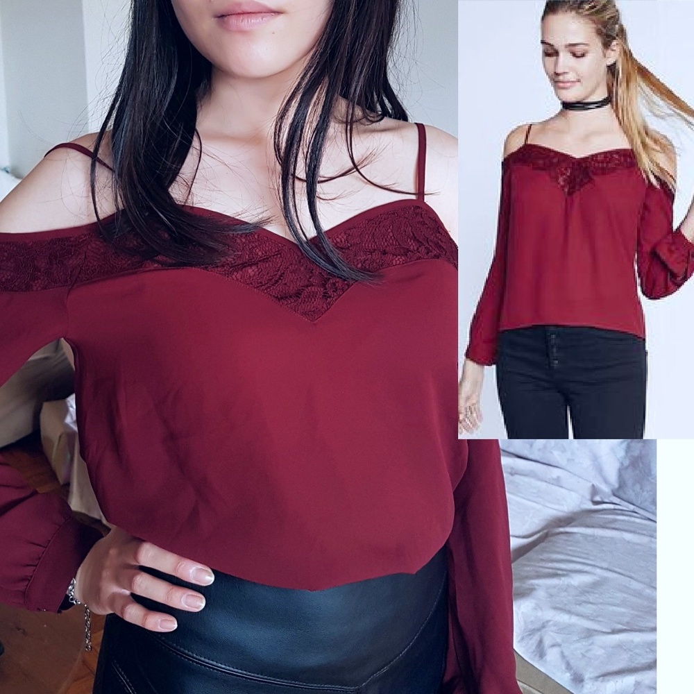 Express COLD SHOULDER LACE TRIM BLOUSE Red Reg XS